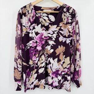 Calvin Klein Womens XL Purple Floral V-Neck Blouse Sheer Long Sleeve Smocked Top